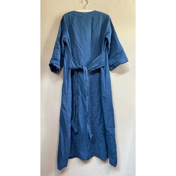 Len Ok Women's Large Oversized 3/4 Sleeve Belted Linen Long Dress Blue Pockets - Picture 2 of 9